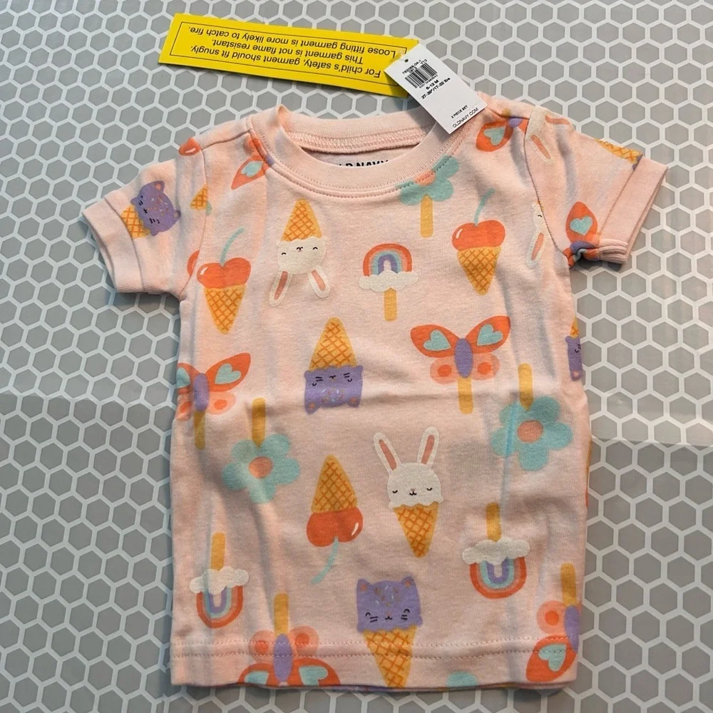 Old Navy Pink Pajama Set with Ice Cream, Bunny & Rainbow Print.    Size 6-12M